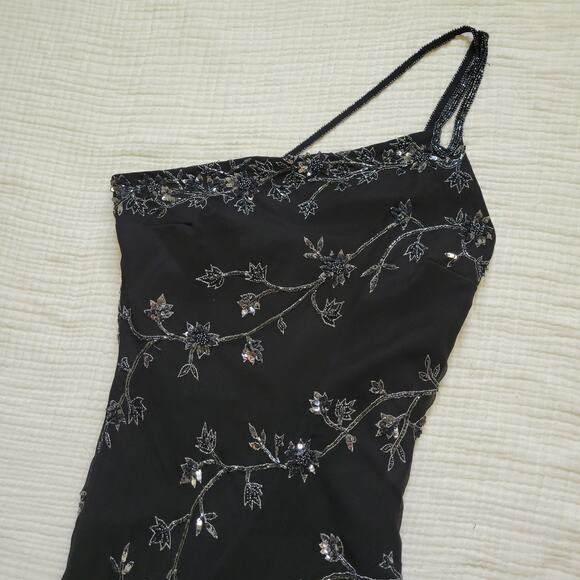 Vintage 90s Scala Sz L Black Silk OneShoulder Asymmetrical Beaded Y2K Midi Dress - Picture 2 of 10